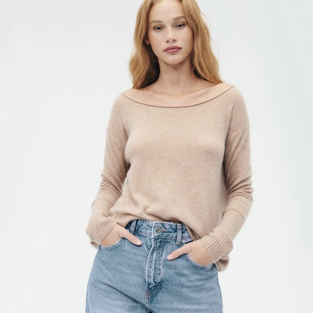 Naadam 100% Cashmere Boatneck Sweater Lightweight Cropped Tan Brown XS